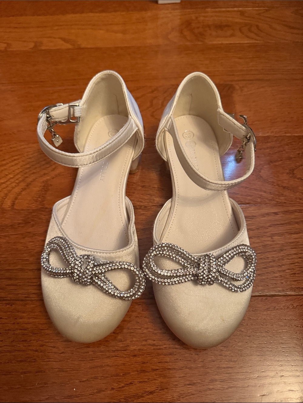 Trish Scully Girls Ivory Ankle-Strap Dress Flats with Rhinestone Bow